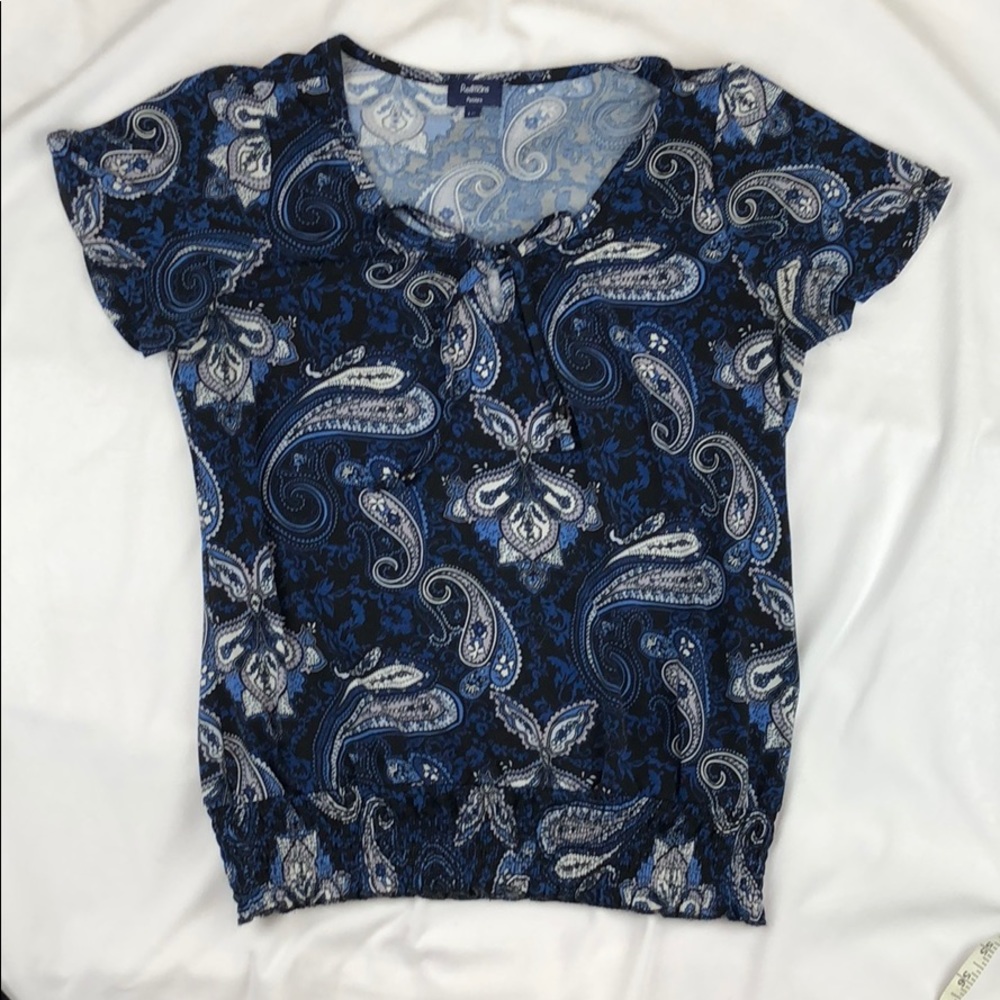 Navy Short Sleeve Blouse, Size Petite L
